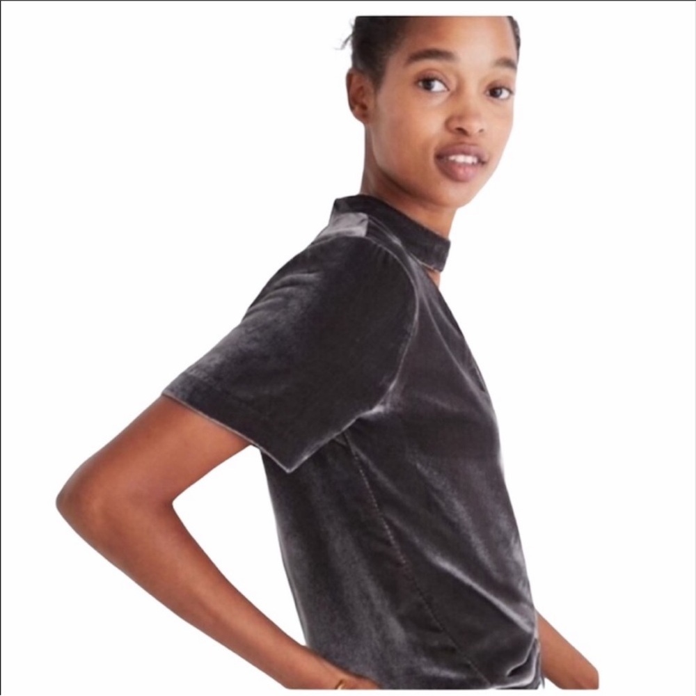 MADEWELL gray metallic velvet choker blouse
